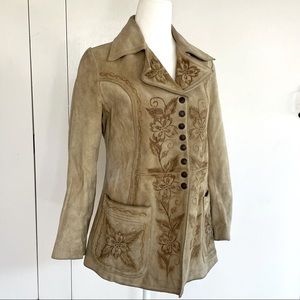 Vintage Leather Snap Blazer, Hand Tooled, Satin Paisley Lined, Size S